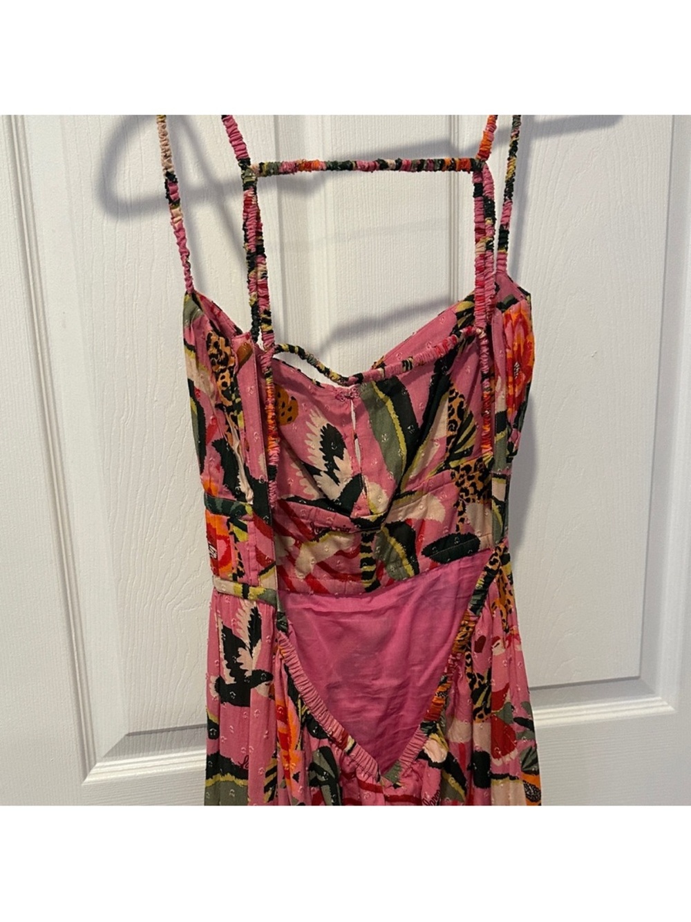 🐅Farm Rio for Anthropologie Pink Forest Print Midi Open Back Summer Dress Large - Picture 10 of 11